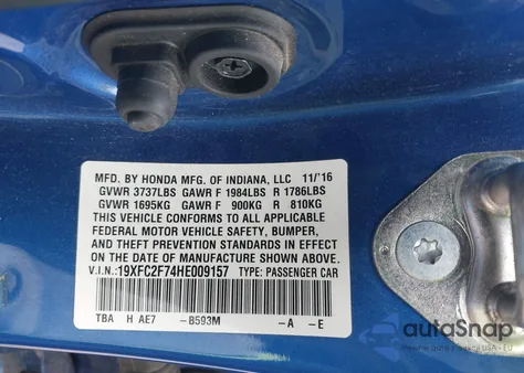 2017 Honda Civic Ex from USA, damaged, VIN 19XFC2F74HE009157